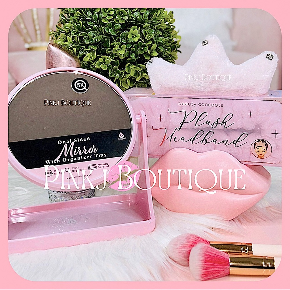 💗💋2pc {Glamour} Pink Vanity Mirror Organizer Tray+Tiara Shaped Headband Bundle